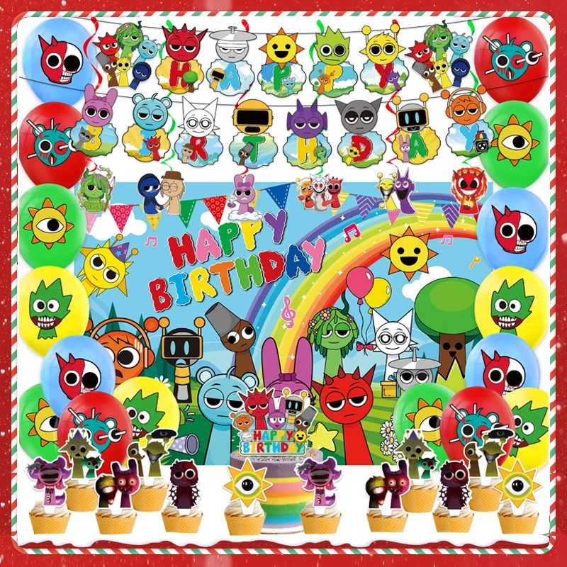 Sprunki Theme Cartoon Cute Birthday Party Decoration Rhythm Box Birthday Flag Cake Balloon Kids Christmas Gifts