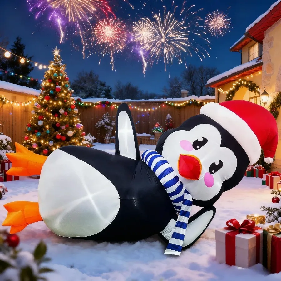 

10Ft Christmas Inflatables Outdoor Decoration Inflatable Penguin with Scarf Laying Down Christmas Blow Ups Yard Decoration for