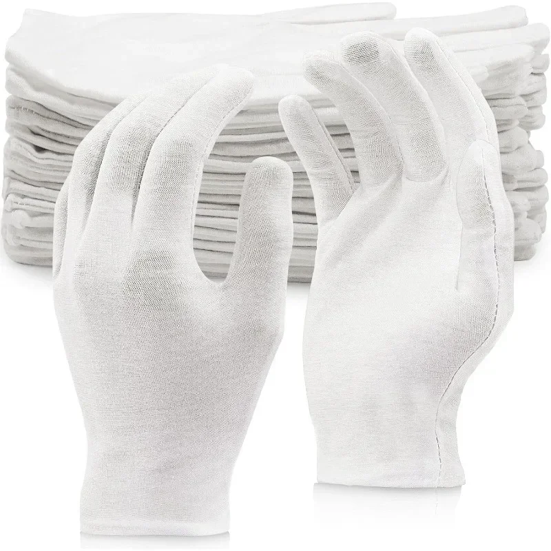 1/50 pares de guantes de trabajo de algodón suave blanco guantes de película para manipulación de manos secas guantes ceremoniales de alto estiramiento herramientas de limpieza del hogar