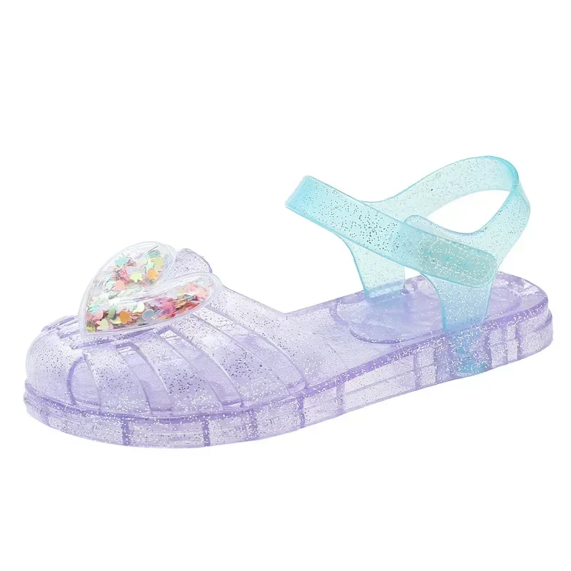 

Heart Shaped Pattern Colorful Sequin Transparent Girls Sandals Hollow Out Buckle Children's Waterproof Outdoor Anti Slip Shoes