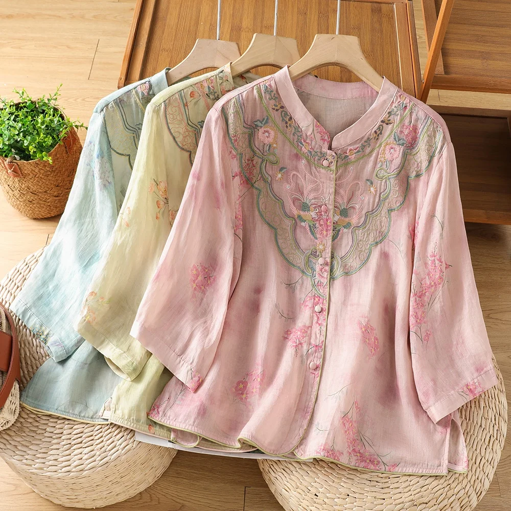 

New Chinese Style round Neck Embroidered Loose Women's Shirt Summer Outerwear Comfortable Breathable Large Size Casual Top