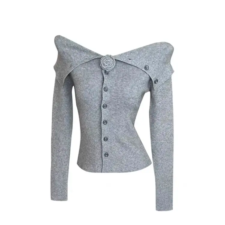 2024 Spring Lady New Grey One Shoulder Flower Knitting Cardigan Slim Gentle Temperament Fashion Comfortable Long Sleeve Top