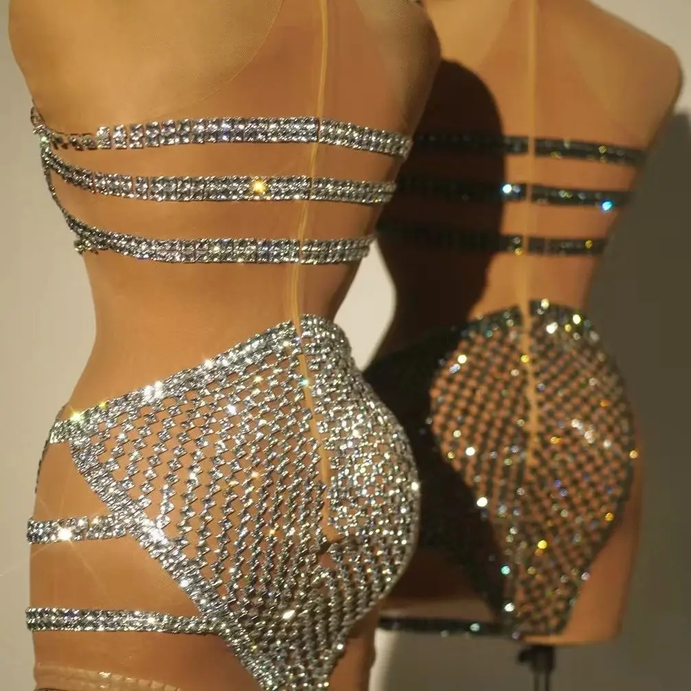 Sexy Singer Rhinestone Mesh Dress Nightclub Bar Pole Dance Outfits Opening Show Wear Dj Ds Women Gogo Stage Costumes DN21479