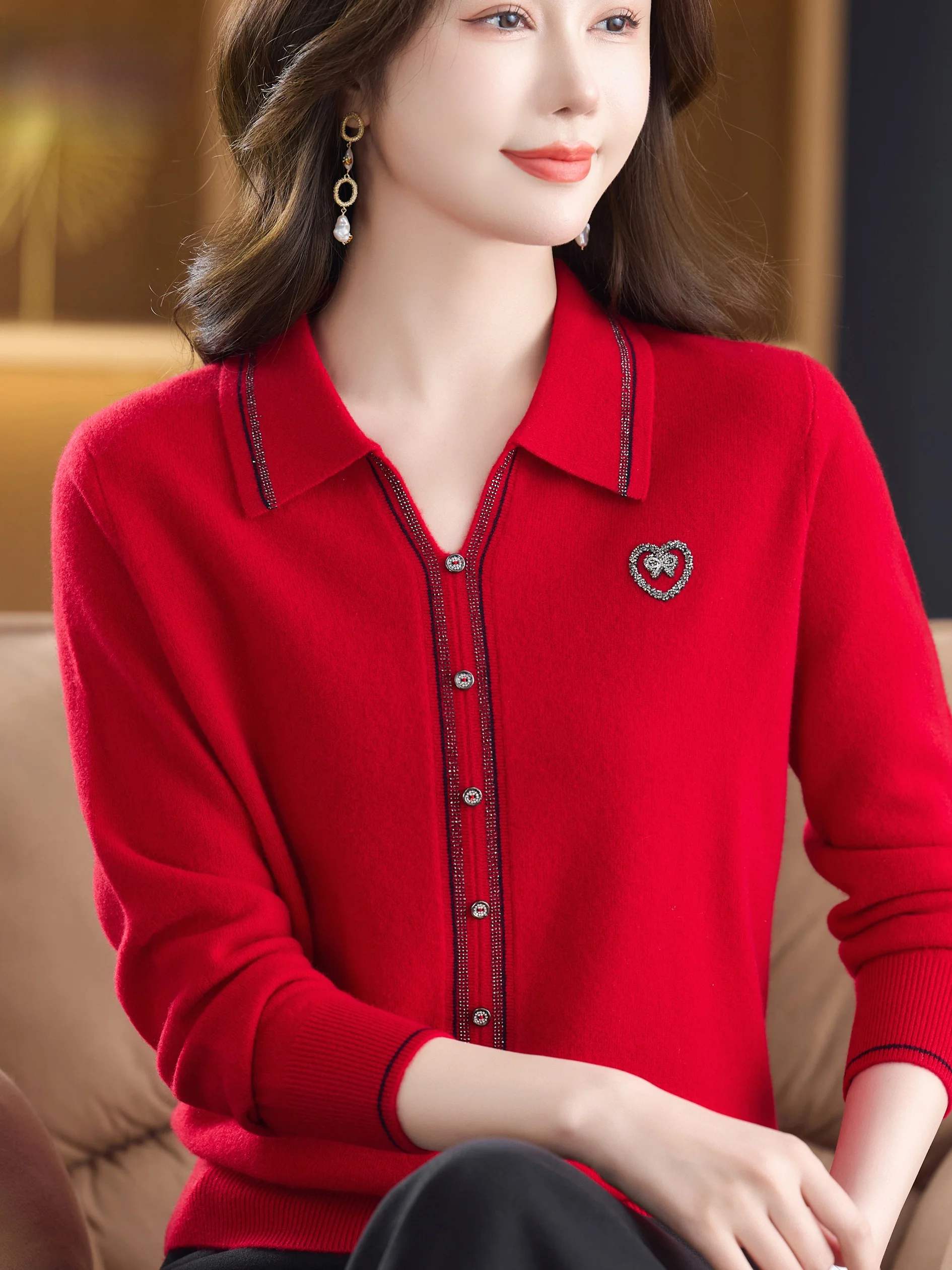 

Casual Woolen Knitted irt Women's Turn-down Collar 00 Pure Wool High-end Red Base Layer irt Middle-aged And ly Sweater