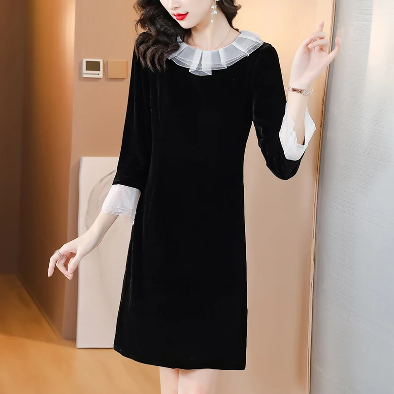 New Black Velvet Ruffled Collar Midi Dress Women Luxury Elegant Bodycon Dress Autumn Winter Korean Vintage Vestidos