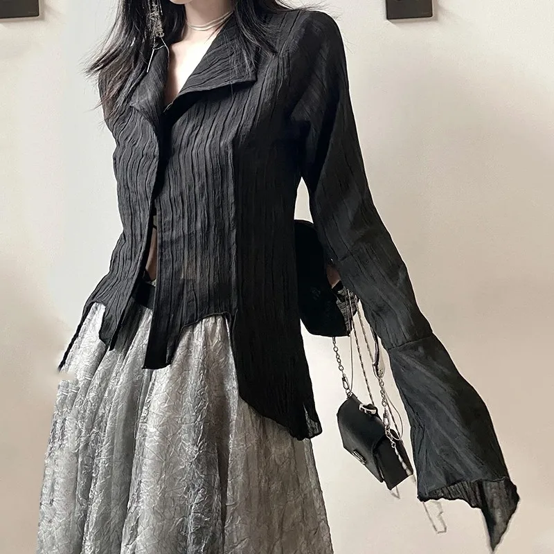 Gothic Black Shirt Women Dark Aesthetic Irregular Blouse Y2K Designer Style Alt Emo Grunge Tops view 2