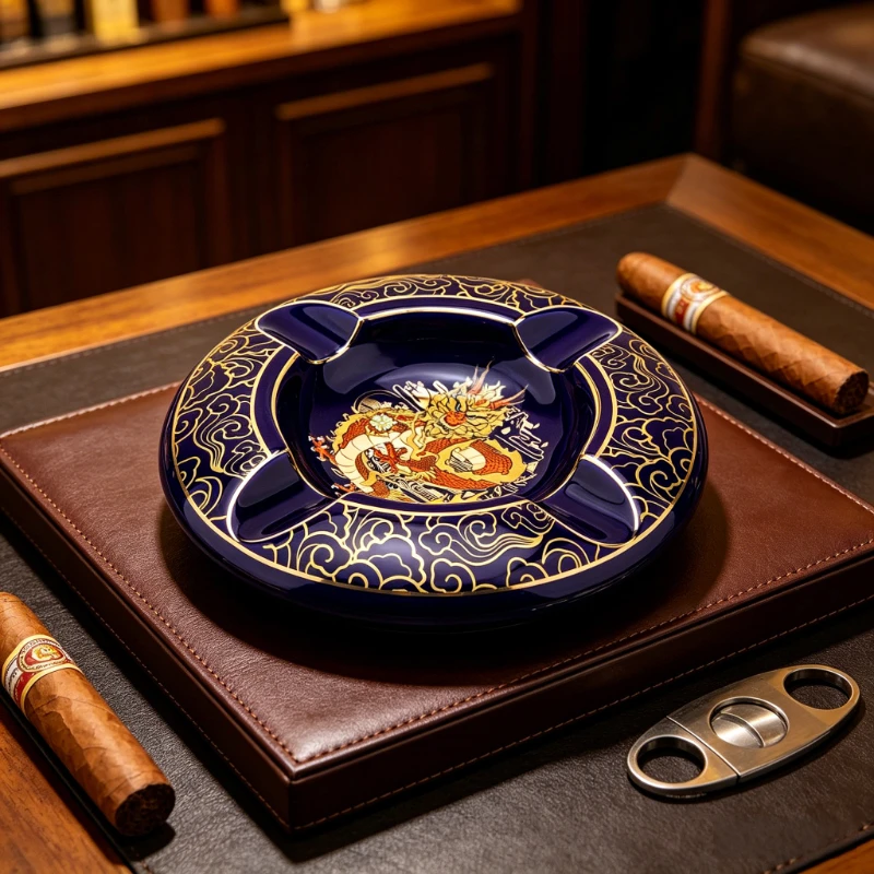 Creative Painted Ceramic 4-Slot Ashtray Blue Gold Cloud Dragon Design Premium Cigar Ash Tray Unique Gift