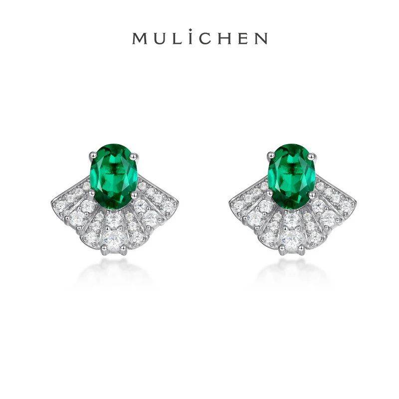 

Fan Shaped Cultivation Grandmother Emerald Earrings S925 Silver Full Set Zircon Small Skirt Earrings Commemorative Day Gift