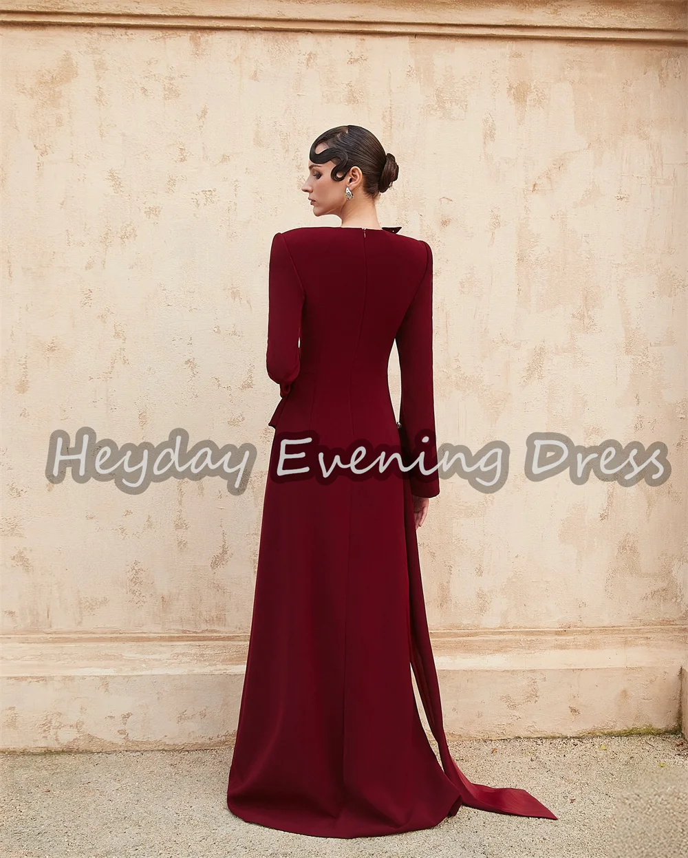 ハイデイ クレープ Aライン Oネック シンプル サウジ イブニングドレス レディース 2025 長袖 プリーツ ロング丈 ドレープ パーティーガウン