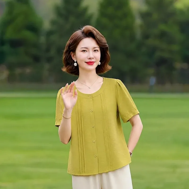 Mature Women Solid Round Neck Blouse Loose Pleated Short Sleeve Shirt Summer Casual Daily Middle Aged Ladies Top S-4XL