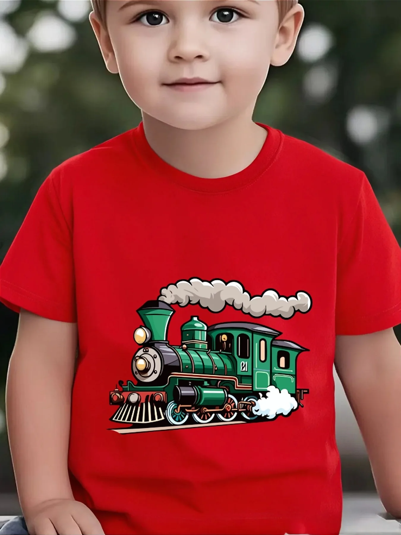 Green Vintage Steam Train Cartoon Graphic Family Matching T Shirt Boys Girls Short Sleeve Summer Crew Neck Casual Tops