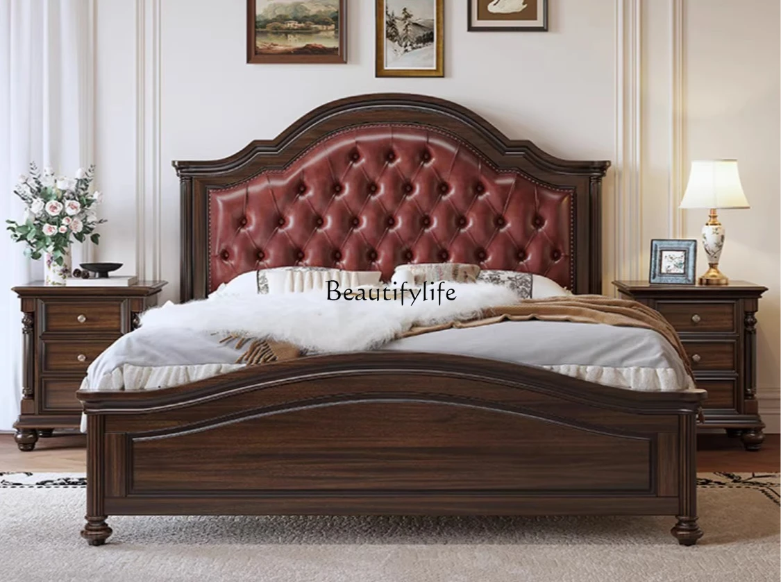 

American Retro Country Style Solid Wood Bedside Layer Cowhide Soft Cover Black Walnut Wood