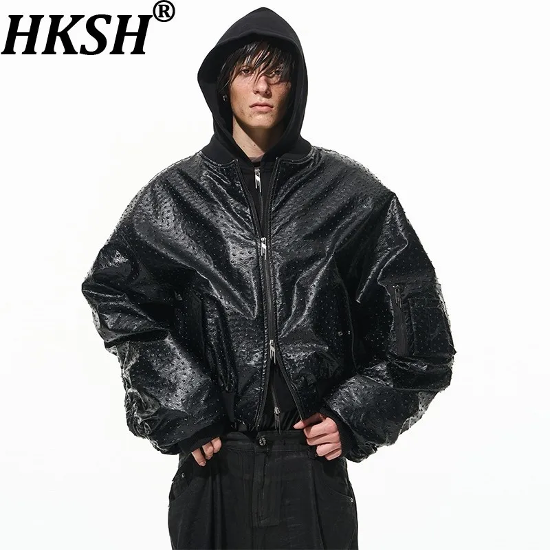 HKSH Spring Autumn Winter Men Tide Dark Punk Ostrich Skin Pattern Fake Two-Piece Hooded Sweatshirt Leather Cotton Jacket HK18525