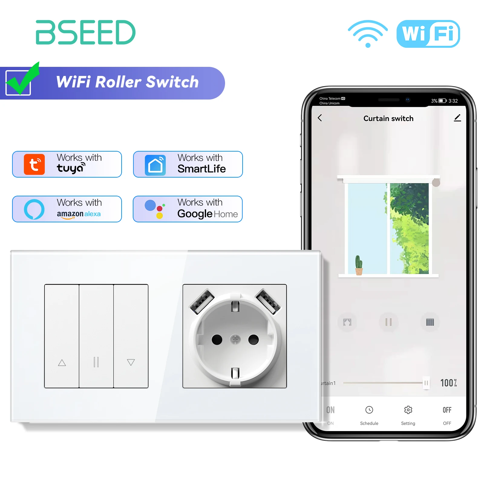 BSEED Wifi Smart Blind Shutter Schalter Mechanische Tasten App Steuerung Plus Licht Normale EU Buchse USB Typ-c Schnelle aufladen 3