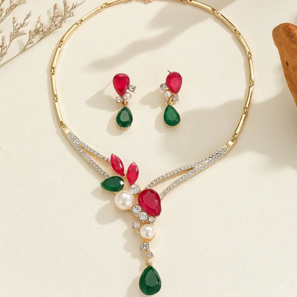 

Wedding Party Shining Colorful Rhinestone Jewelry Set Crystal Luxury Earrings Gemstone Pearl Necklace Banquet