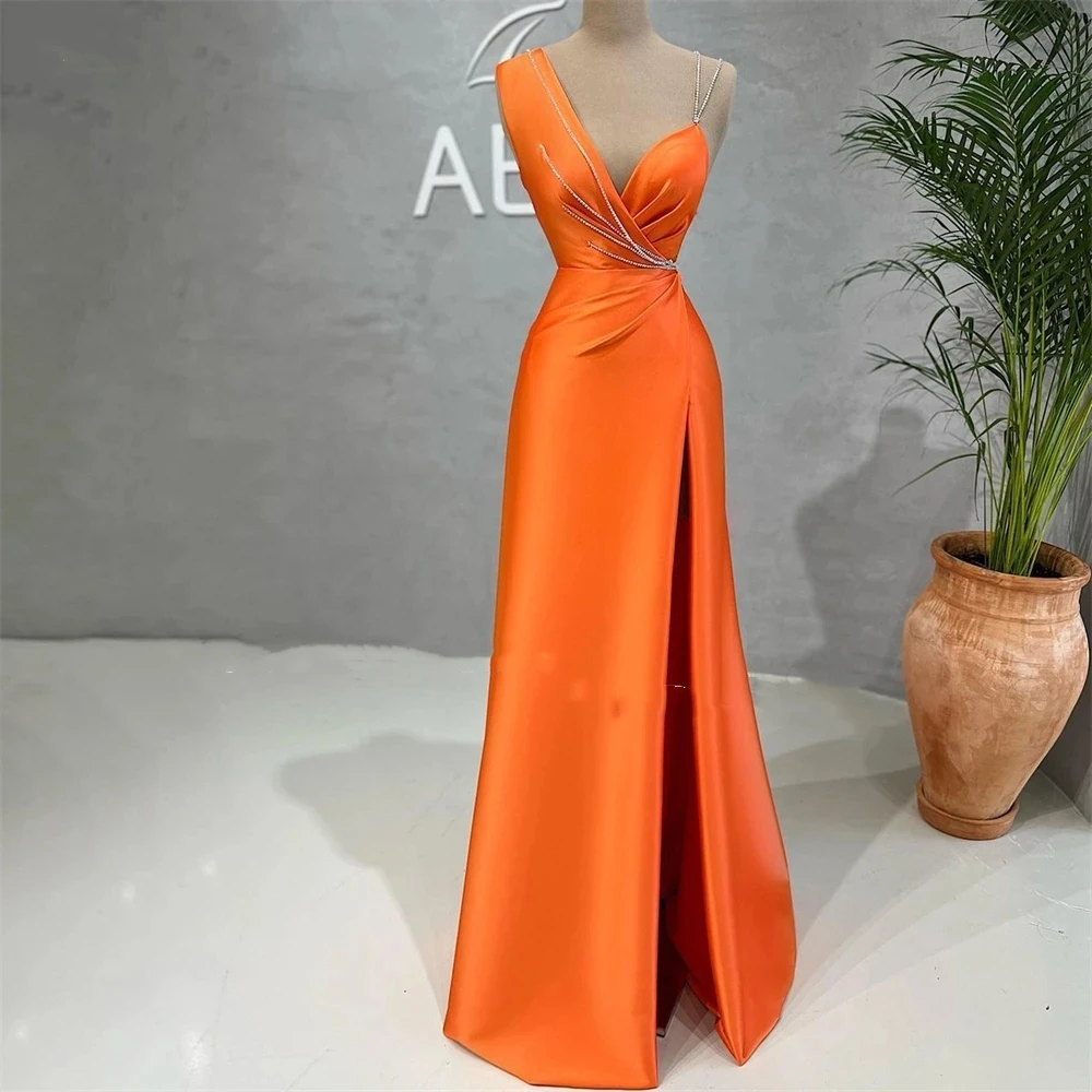 

Romantic Orange Satin Evening Dresses V-Neck Side Split Mermaid Dubai Prom Dress Ruched Arabia Party Gowns robe de soirée