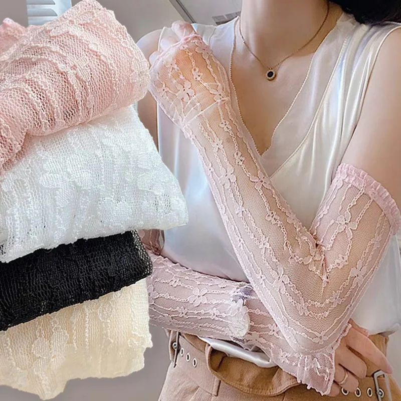 Summer Ice Silk UV Protection Sleeves Women Lace Arm Hand Cuff Girls Sunscreen Soft Oversleeve Dustproof Fingerless Arm Cover