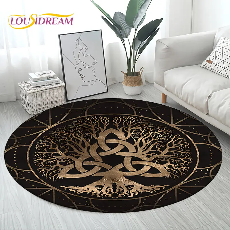 Viking Valknut Yggdrasil Sóc Cây Khăn Trải Tròn Thảm Thảm Cho Phòng Ngủ Phòng Khách Sofa Trang Trí, bé Chơi Chống Trơn Trượt Sàn