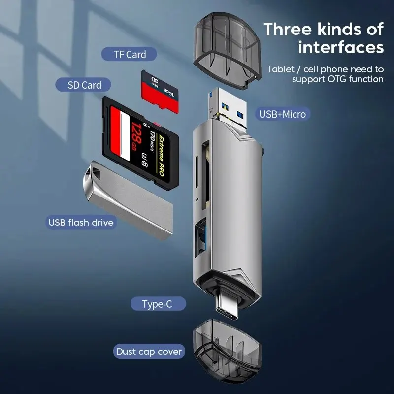 Картридер, размер 8,8х2,4х1,7 см, USB 3,0, Type-C, Micro USB и SD, цвет черный/серый