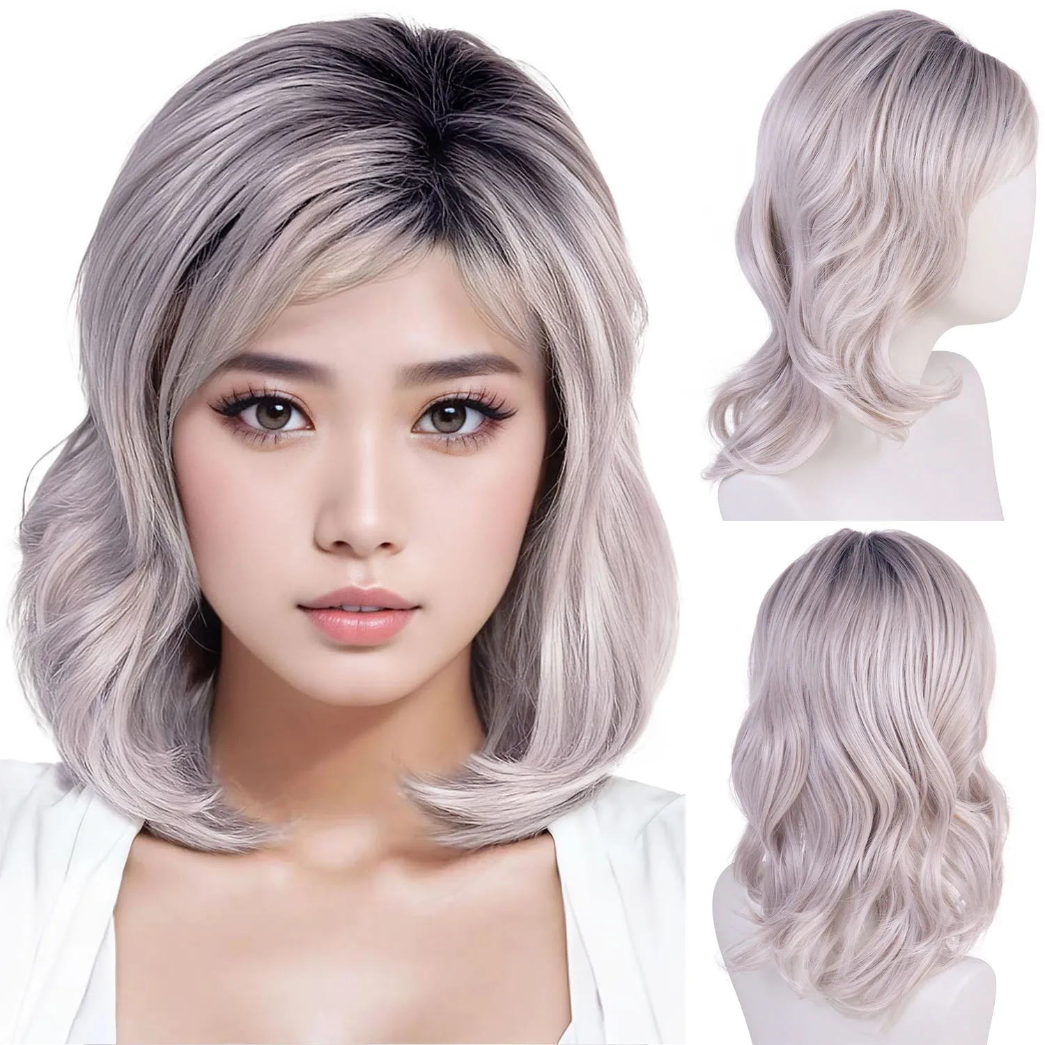 

Синтетические короткие вьющиеся парики для женщин Пепельно-русый парик с челкой Повседневный костюм Светло-серый женский косплей Парик для пожилой леди 16 дюймов