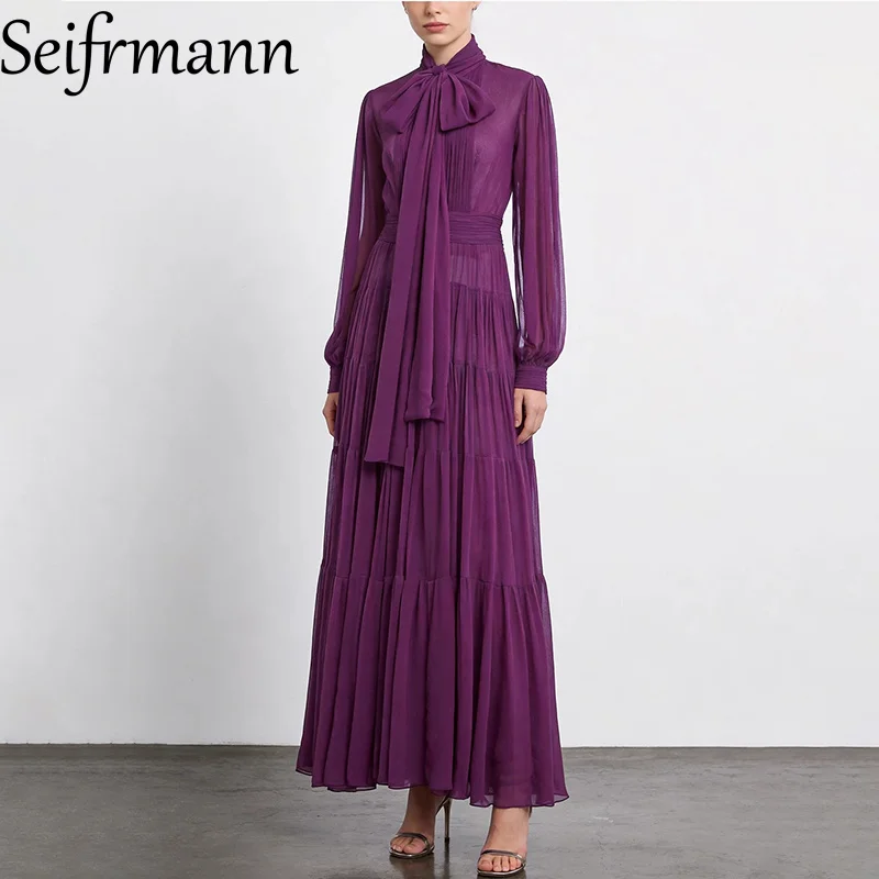 Seifrmann Solid Color Pleated Dress Stand Collar Long Sleeve Waist Long Dress 2026 Summer Women's New Style