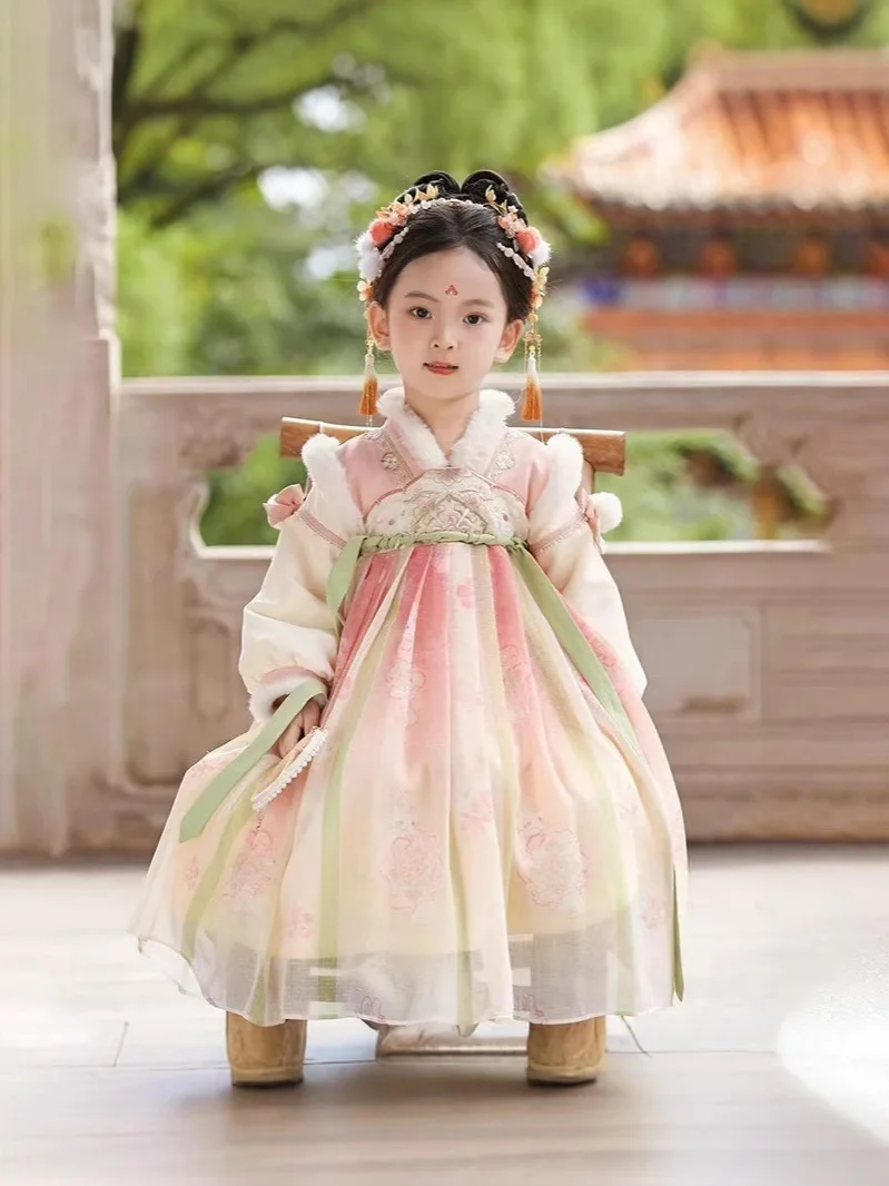 Flower Dynasty National Style Princess Dress New Classical Little Girl Children's Tang Costume Performance Hanfu Add Velvet