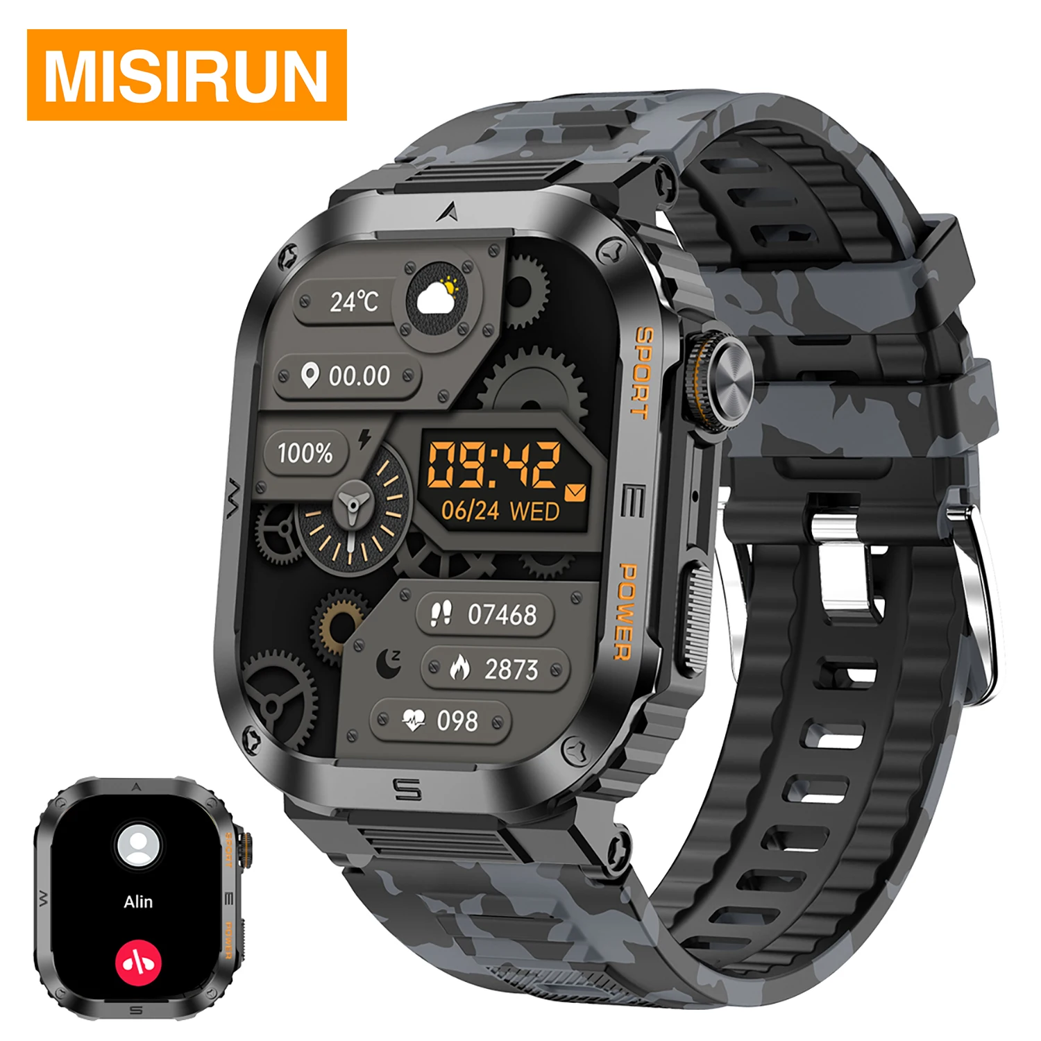 MISIRUN 2.01 Inch Military Outdoor Sports Smart Watch Men Bluetooth Call IP68 Waterproof 100+ Sports Modes Fitness Smartwatch