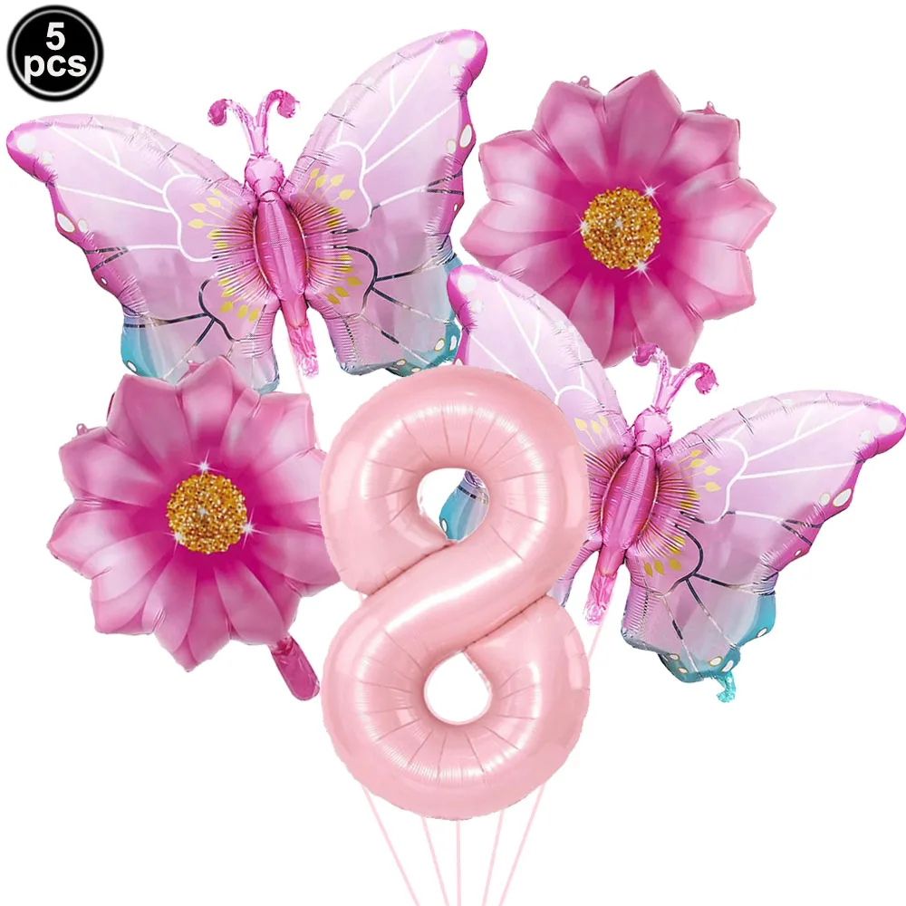 Rosa Zahlenballon Schmetterlingsballon Set Schmetterlingsballons Folie 32 Zoll 1.-9. Zahlen Geburtstagsdekoration für Mädchen Babyparty