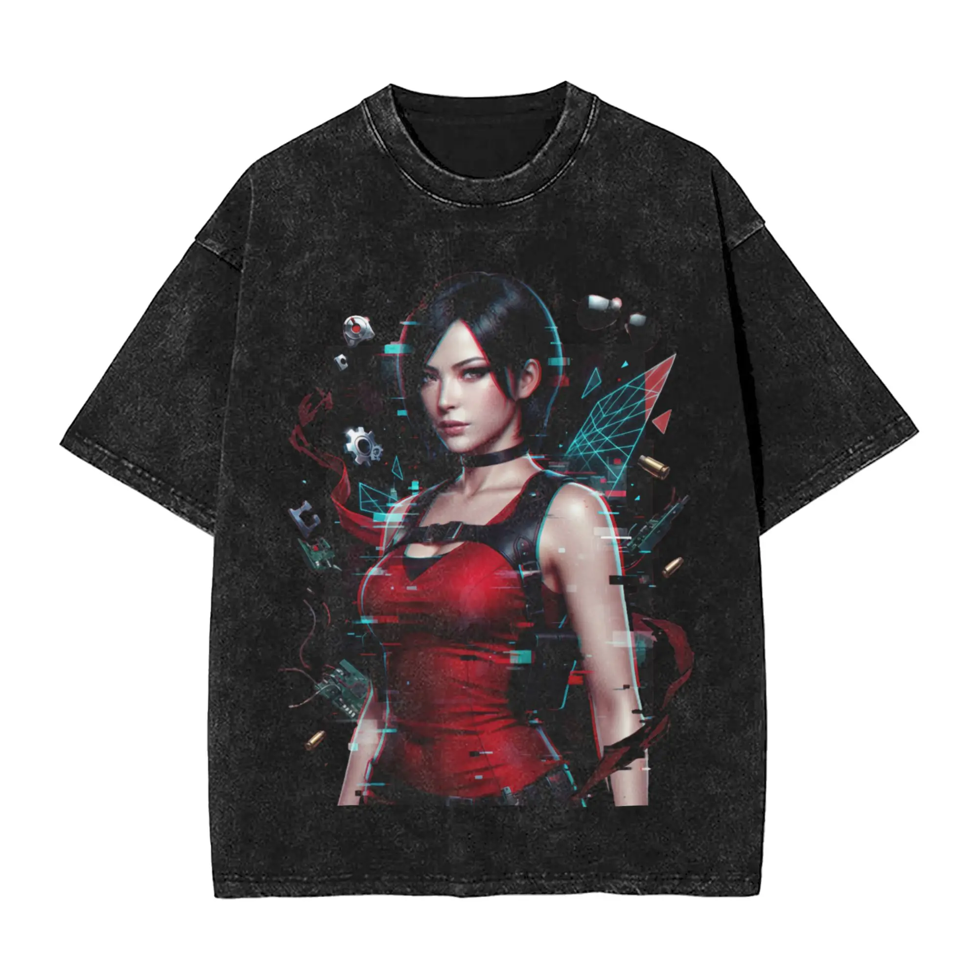 Ada Wong Red Dress Washed T Shirt Man Residents Evil Vintage Cotton T-Shirts Summer O Neck Leisure Tees Loose Plus Size Clothing