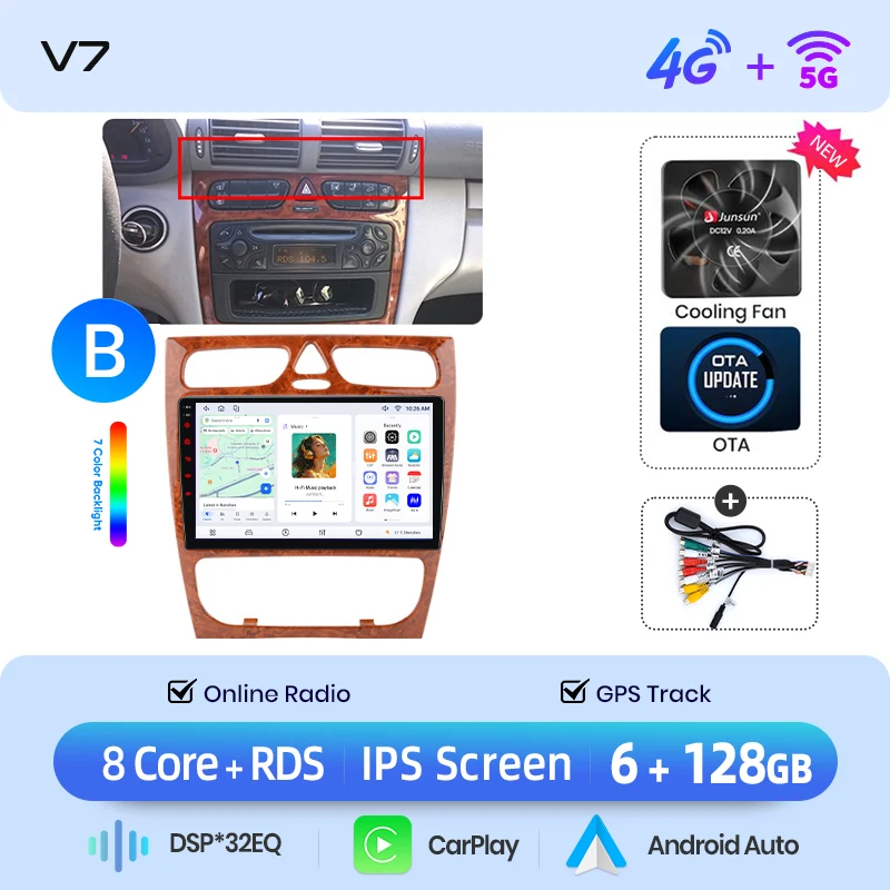 Junsun draadloze CarPlay Android Auto autoradio voor Mercedes-Benz C-Klasse (W203) / CLK-Klasse (C209/A209) 2000-2009 met ingebouwde koelventilator, Android GPS navigatie, multimediaspeler, WiFi, DSP,