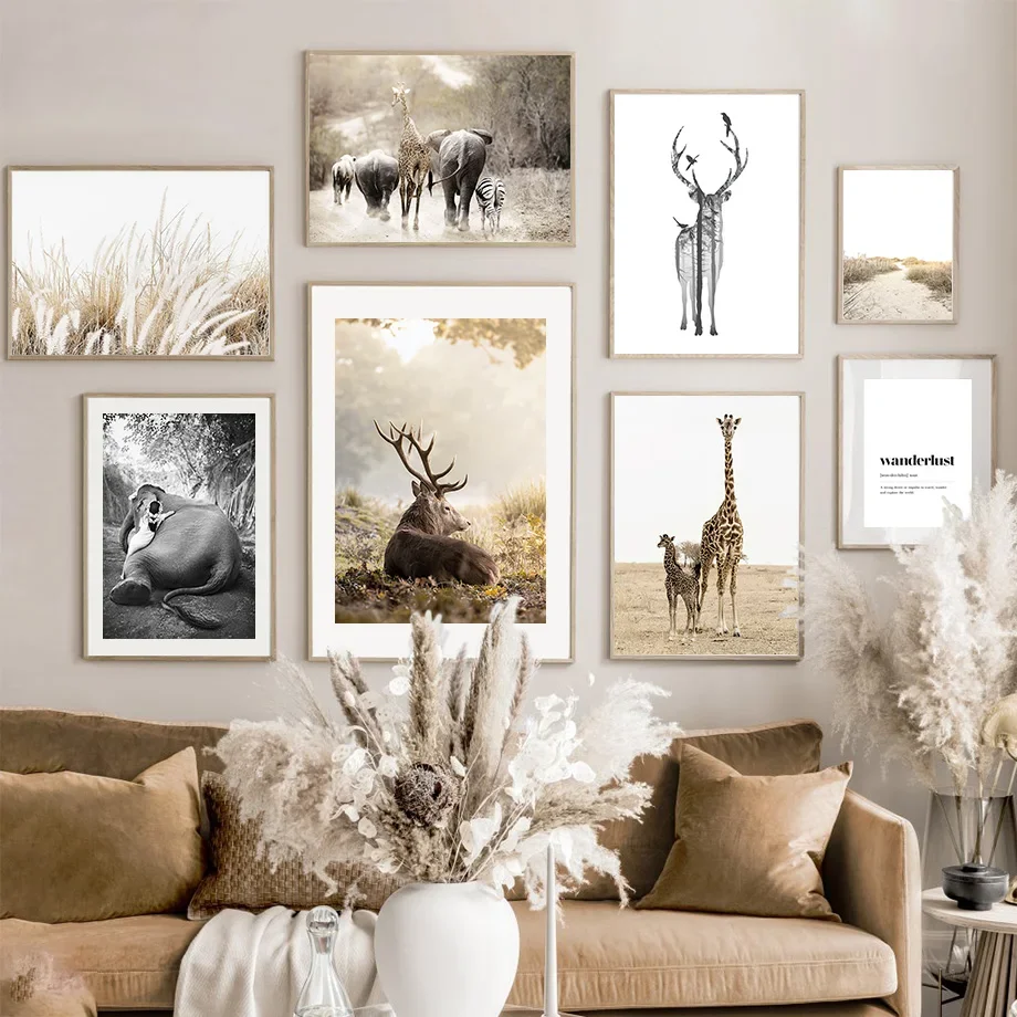 Wall Art Mural Canvas Painting African Safari Deer Elphant Lion Zebra Posters And Prints Wall Pictures For Living Room Decor