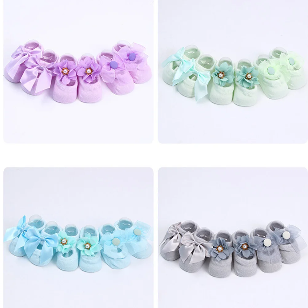 

3Pairs Non-Slip Baby Socks Cotton for Girls Boys Toddler Newborn Soft Breathable Floor Socks Size Bow Tie Lace Design