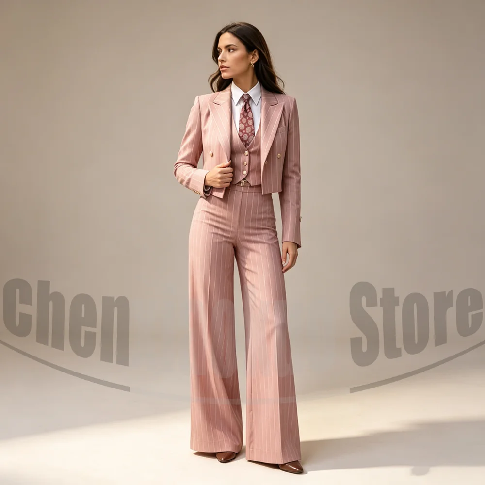 Women Striped 3 Piece Suit Set Cropped Blazer Vest Wide Leg Pants Formal Business Office Wedding Party Female Costume Outfit