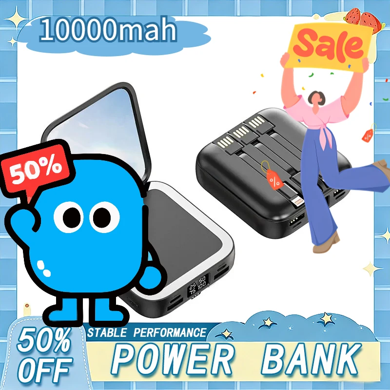 

Внешний аккумулятор 10000 мАч с зеркалом для макияжа, съемным цифровым дисплеем и встроенным кабелем для iPhone и Samsung