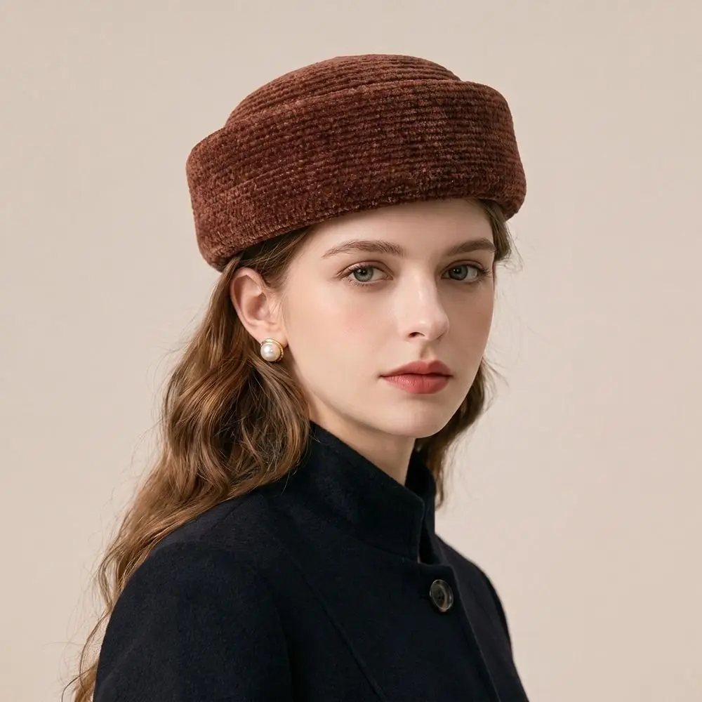French Style Chenille Pillbox Hat Fedoras Teardrop Fedora Hat Solid Color Dome Medicine Box Hat Airline Uniform