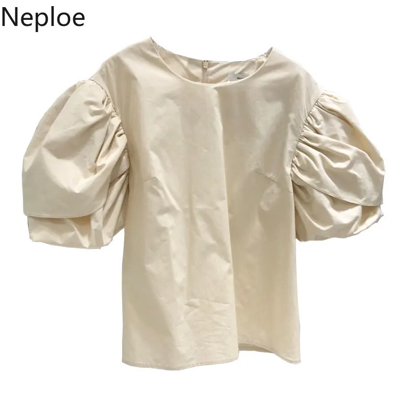 Neploe Puff Sleeve Blouse Women Solid Pleated O Neck Puff Sleeve Blusa Shirts Spring 2024 Fashion Casual Female Tops 1C809