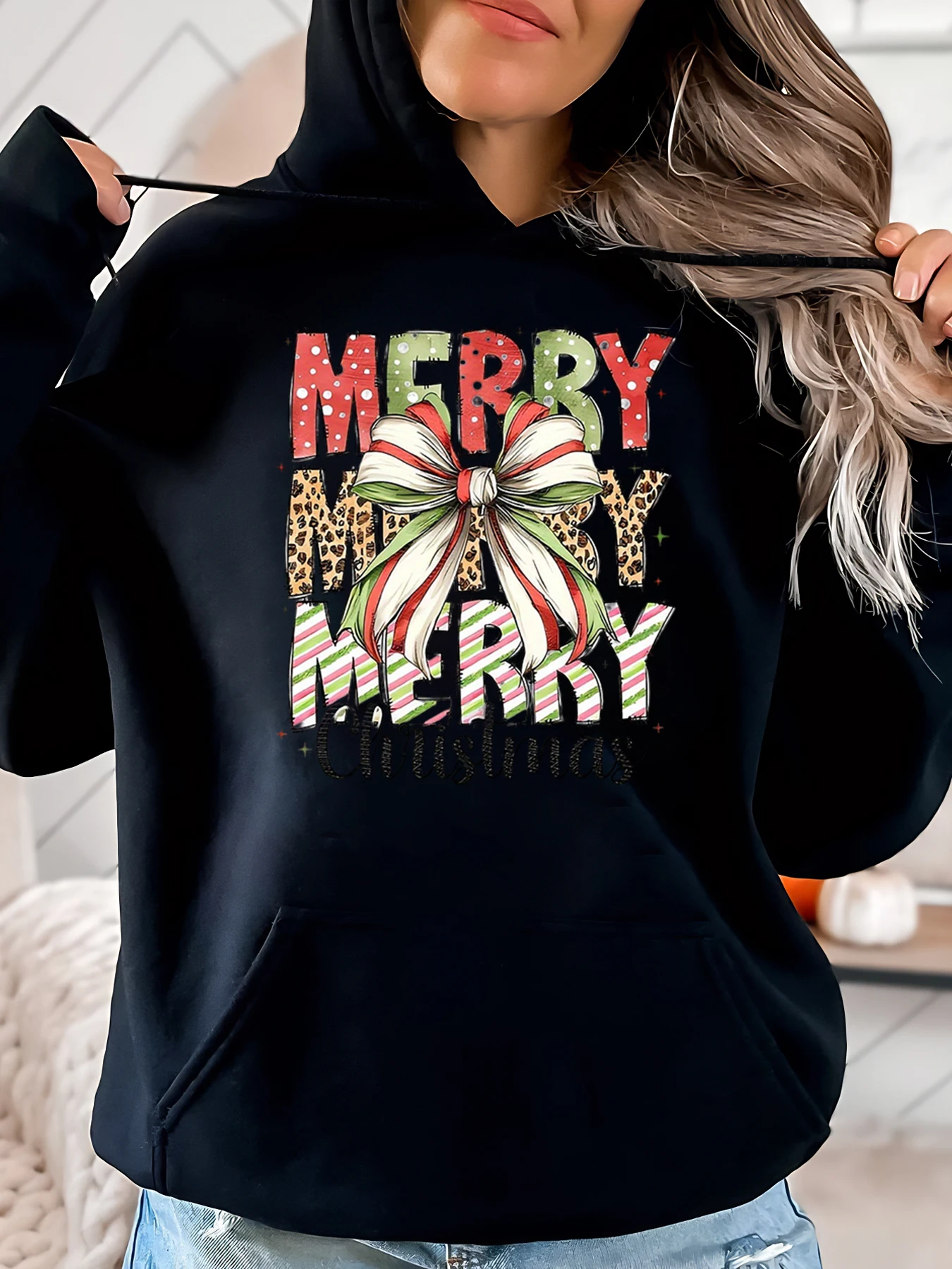 Sudadera con capucha con estampado de Feliz Feliz Navidad, sudadera navideña para mujer, traje festivo, negro, talla grande