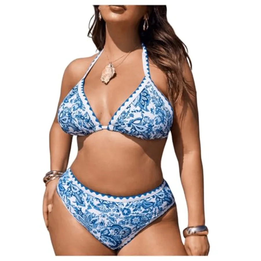 

OYOANGLE Women's Plus Size Floral Print Bikini 2 Pcs Swimsuit Triangle Halter Bathing Suit High Waisted Swimwear