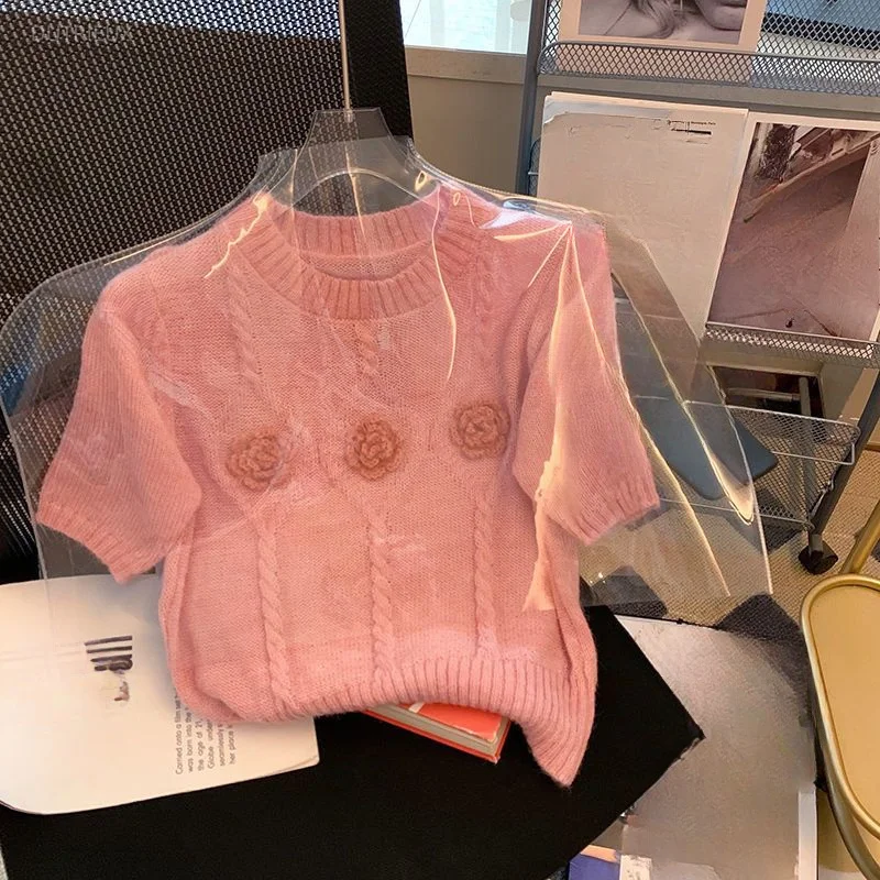 Thin Sweaters Women Tops Spring Summer 3D Flowers Sweet Short Pullovers Korean Fashion Vintage Short Sleeve Pull Femme