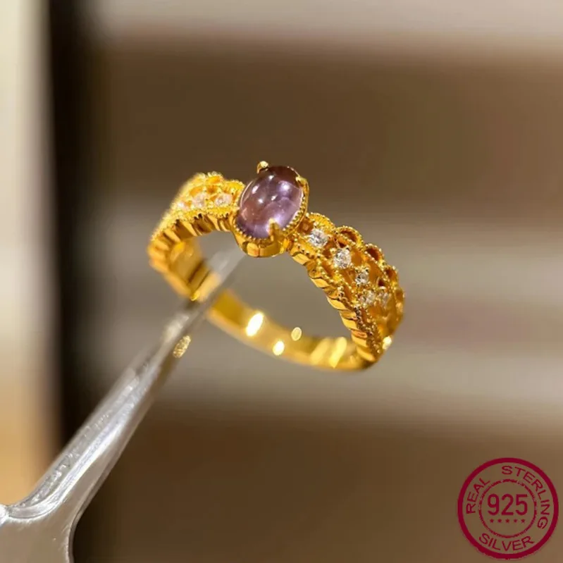 

New S925 Silver 5 * 7 Violet Ring Lace Row Ring Middle Court Style High Fashion Versatile High Elegant Style