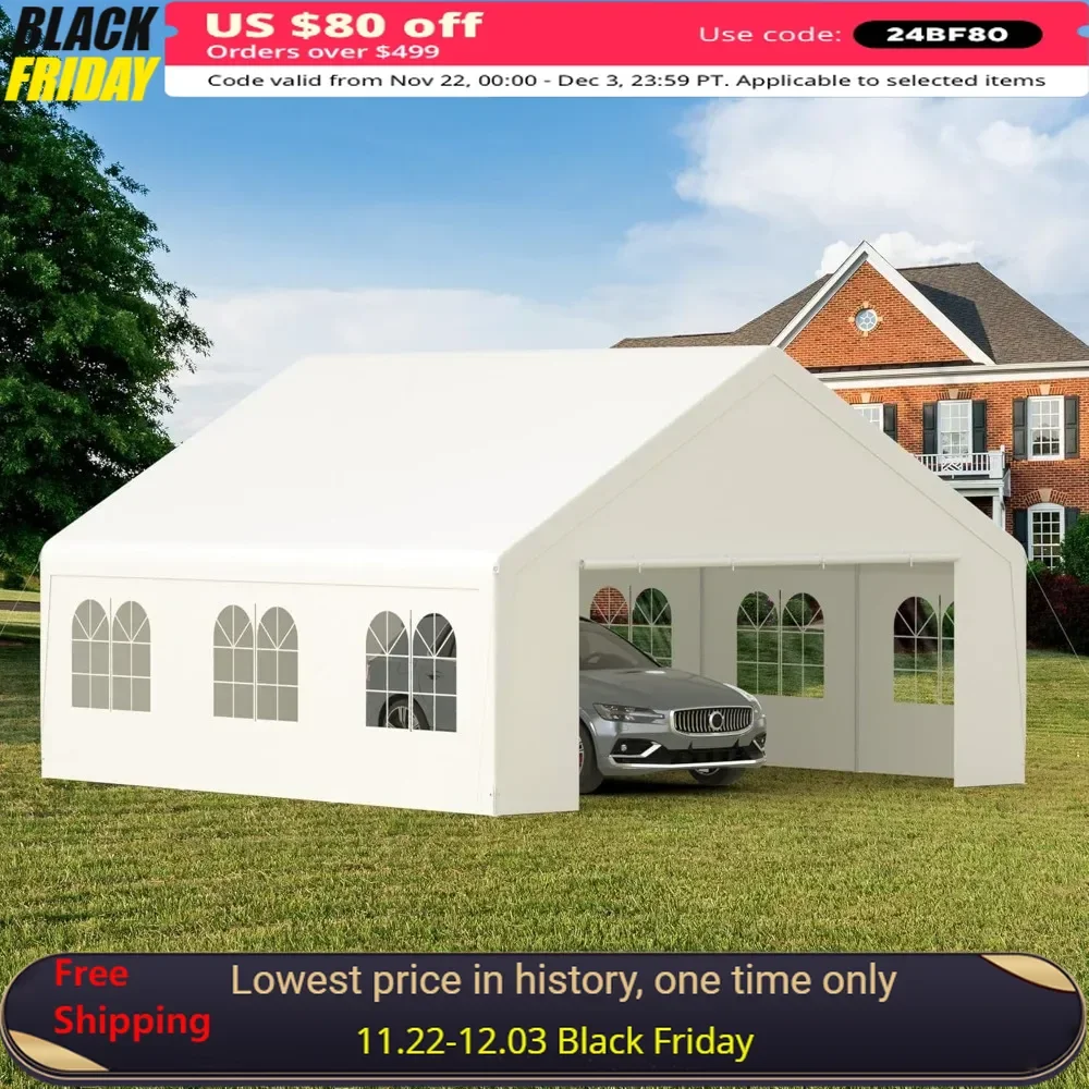 

20X20Ft Carport, Removable Sidewall, All-Season Tarp, Outdoor Storage Shelter for Party Event Gathering, Water-Resistant Garage