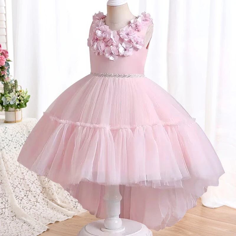 Girls' Pearl Princess Dress 4-12 Year Old Children's Bow Tie Trail Mesh Dress Banquet Host Walk Show Performance Dress