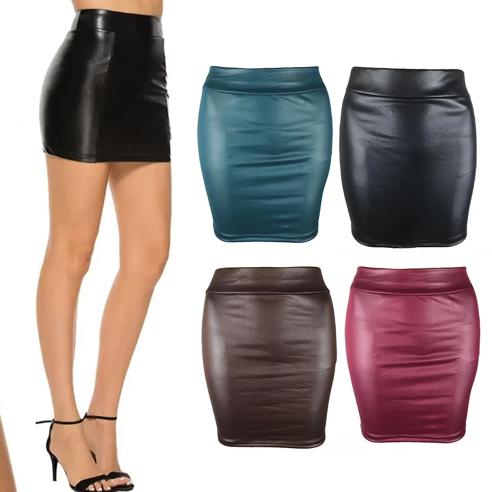 Women PU Leather Elastic High Rise Fit Slim Fit Mini Skirt Matte Cozy Skirt Comfortable Commuting Wet Look Korean Ladies Skirts