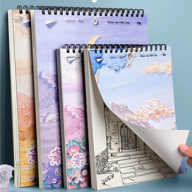 

8K/A4 Flip Up Cute Watercolor Sketchbook Coil Drawing Book Notebooks for Students Thick Paper Beginner's for Student 30 Sheets