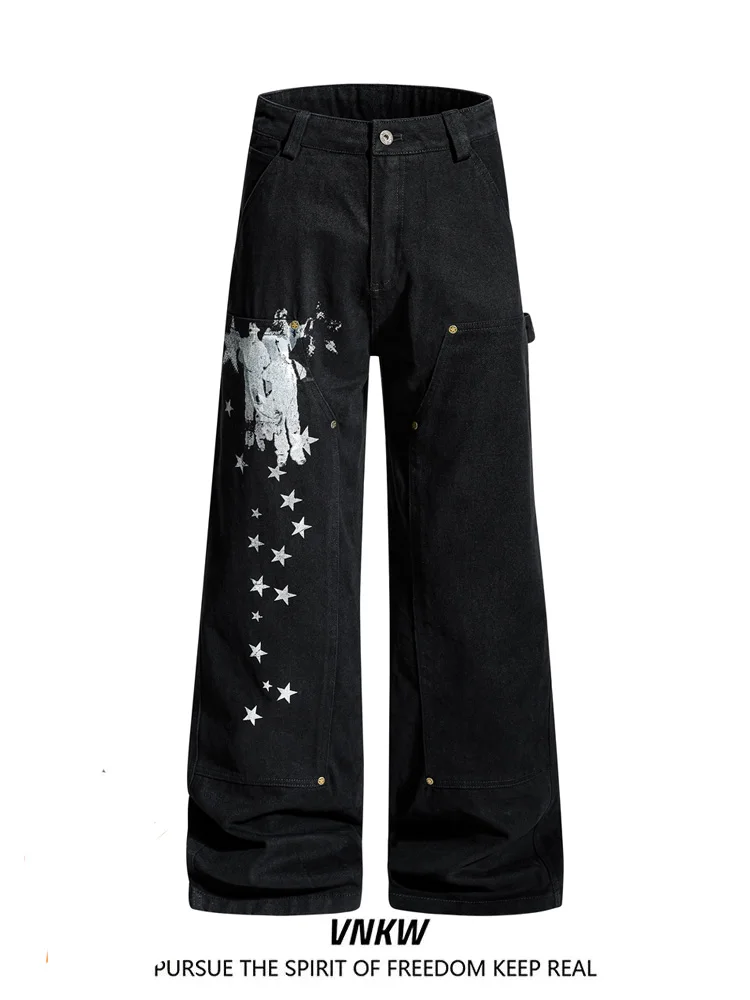 

Vintage Star Print Workwear Pants Loose Straight Leg Long Trousers ex Heavy Du Deconstructed Design Casual Cotton