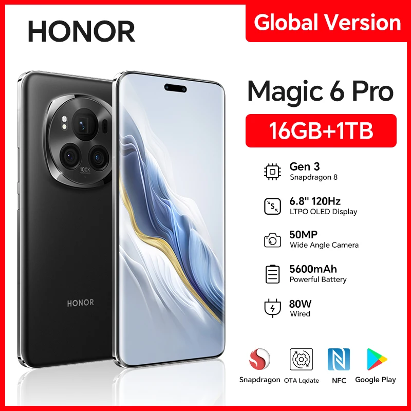 Honor Magic 6 Pro 16G + 1T, Android 14,0, OTA 6,8 дюйма, OLED-камера, 120 Гц, 180,0 МП, зарядка мобильного телефона, 80 Вт