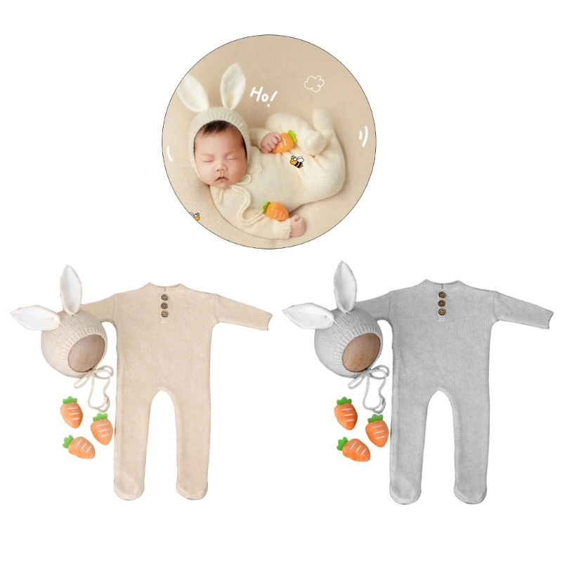 

Newborn rabbit cosplay Costume Rabbit Ear Hat & Baby Romper Jumpsuits Photo Shooting Clothes Photo Props Hat & Carrot Doll Set