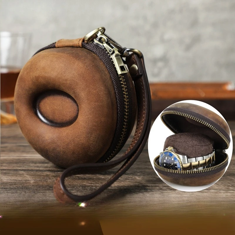 

New Retro Crazy Horse Cowhide Watch Storage Box with Wrist Strap Travel Portable Leather Mechanical Watch Box