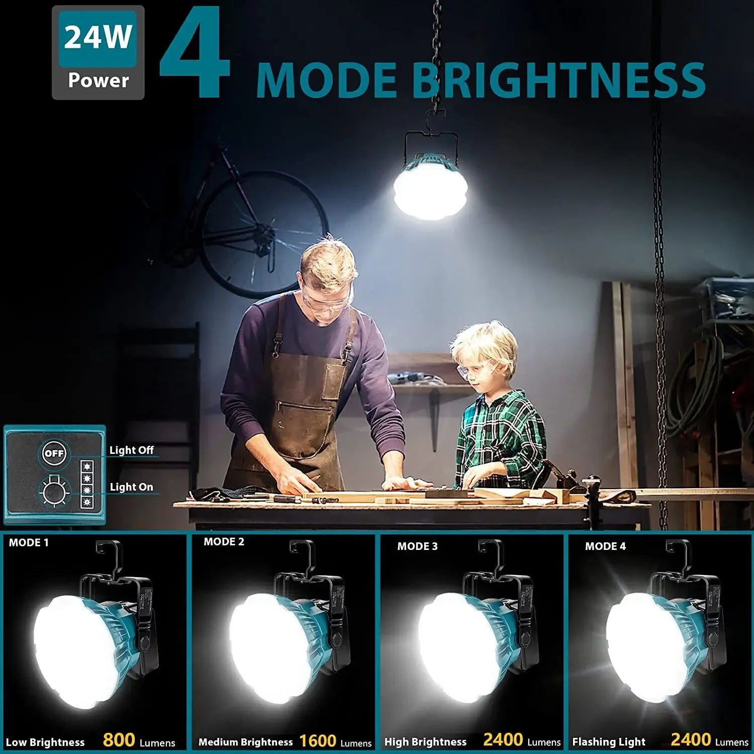 Imagem -03 - Portátil Led Luz de Trabalho para Makita Lanterna de Acampamento Tent Lamp Lanterna com Gancho 18v Li-ion Battery 24w 2400lm