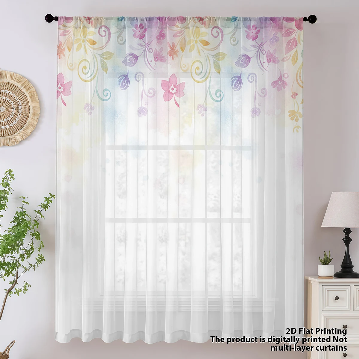 Rainbow Floral Gradient Print Sheer Curtain, Mother's Day 70% Light Filtering Privacy Sheer Curtain for Living Room Bedroom Stud - view 3